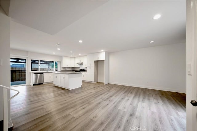 8190 Crowley Cir, Buena Park, CA 90621 - kitchen with dishwasher, white cabinets, a center island, light wood finished floors, and recessed lighting