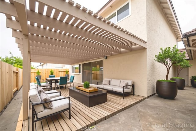 8190 Crowley Cir, Buena Park, CA 90621 - fenced backyard with an outdoor living space, outdoor dining space, a wooden deck, and a pergola