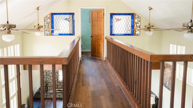 32455 Scandia Dr, Running Springs, CA 92382 - hallway with wood finished floors and high vaulted ceiling