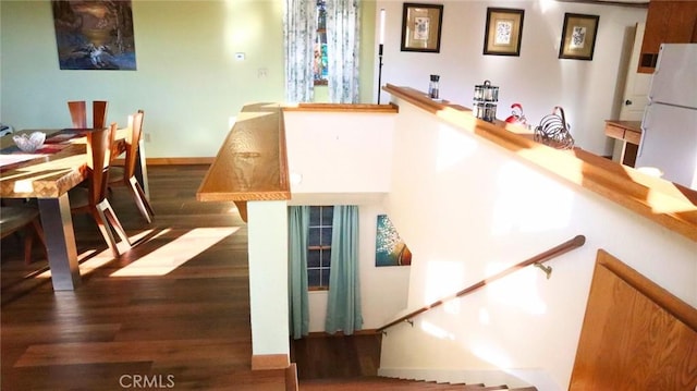 32455 Scandia Dr, Running Springs, CA 92382 - kitchen featuring wood finished floors and freestanding refrigerator