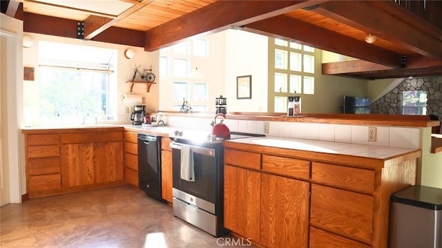 32455 Scandia Dr, Running Springs, CA 92382 - kitchen featuring stainless steel electric stove, dishwasher, brown cabinetry, a peninsula, and a wood ceiling with exposed beams