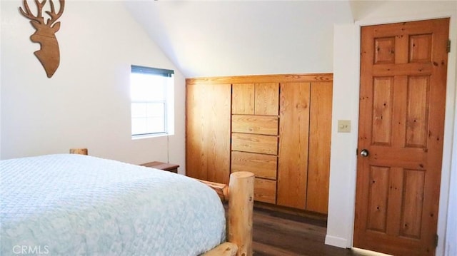 32455 Scandia Dr, Running Springs, CA 92382 - bedroom featuring dark wood-style flooring and vaulted ceiling