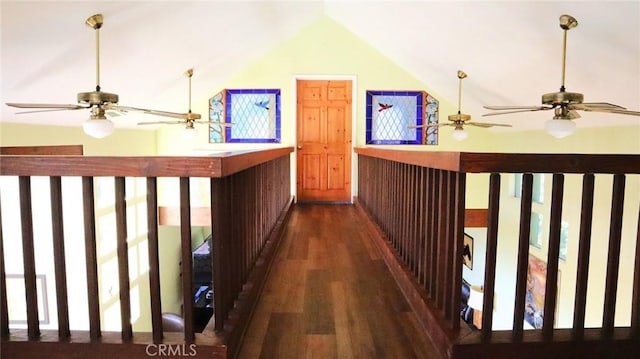 32455 Scandia Dr, Running Springs, CA 92382 - hallway featuring lofted ceiling and wood finished floors