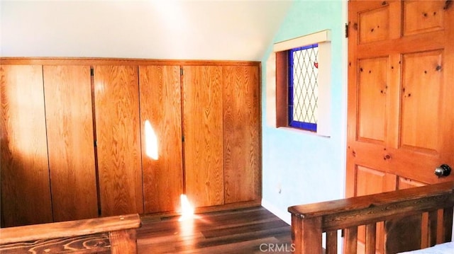 32455 Scandia Dr, Running Springs, CA 92382 - stairs featuring wood finished floors and lofted ceiling