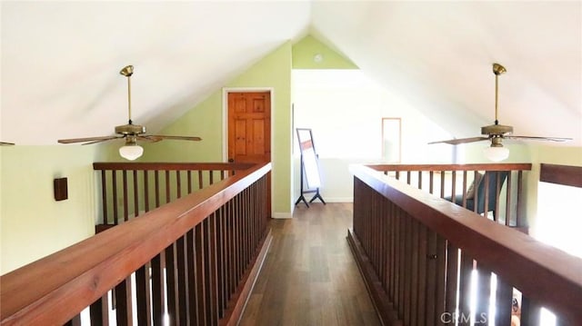 32455 Scandia Dr, Running Springs, CA 92382 - hallway featuring lofted ceiling, dark wood finished floors, and an upstairs landing