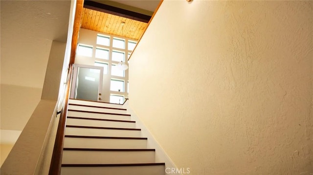 32455 Scandia Dr, Running Springs, CA 92382 - stairway featuring beamed ceiling
