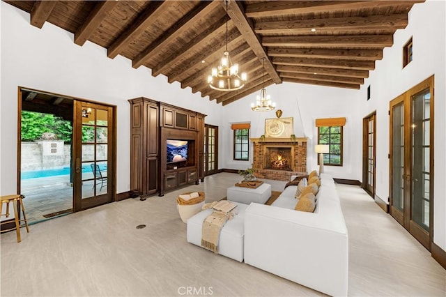 20 Cactus, Irvine, CA 92603 - living area with french doors, wood ceiling with exposed beams, a chandelier, high vaulted ceiling, and baseboards