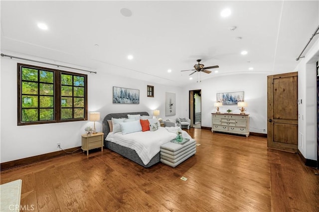 20 Cactus, Irvine, CA 92603 - bedroom featuring recessed lighting, wood finished floors, baseboards, vaulted ceiling, and a ceiling fan