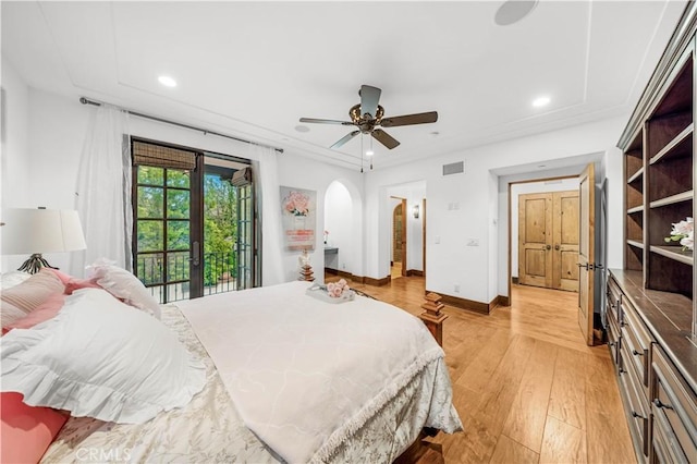 20 Cactus, Irvine, CA 92603 - bedroom with recessed lighting, light wood-style floors, access to outside, baseboards, and a ceiling fan