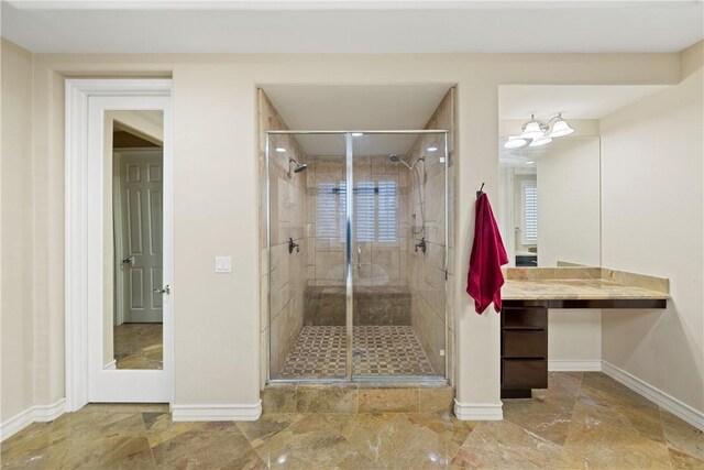 2514 Bulrush Cir, Corona, CA 92882 - bathroom with baseboards, a stall shower, and vanity