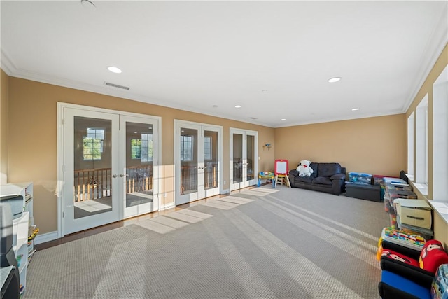 2514 Bulrush Cir, Corona, CA 92882 - recreation room with french doors, recessed lighting, ornamental molding, and baseboards