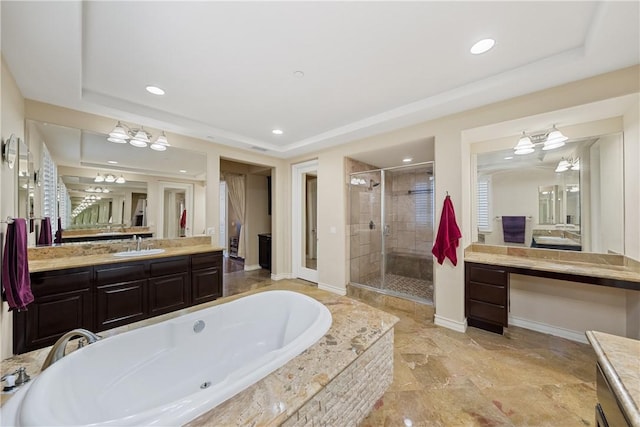 2514 Bulrush Cir, Corona, CA 92882 - bathroom with a stall shower, a bath, vanity, recessed lighting, and a tray ceiling