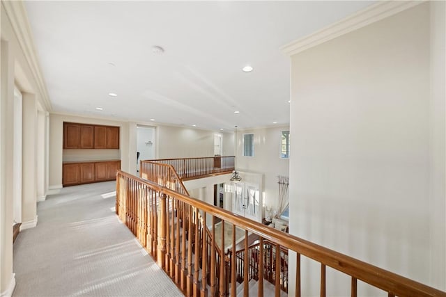 2514 Bulrush Cir, Corona, CA 92882 - corridor featuring an upstairs landing, light colored carpet, baseboards, recessed lighting, and crown molding