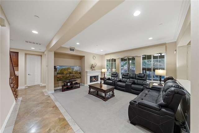 2514 Bulrush Cir, Corona, CA 92882 - living room with recessed lighting, baseboards, stairway, a warm lit fireplace, and light stone finish flooring
