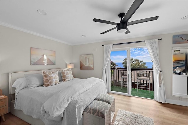 2175 S Coast Hwy Unit 16, Laguna Beach, CA 92651 - bedroom with access to exterior, ornamental molding, wood finished floors, and ceiling fan