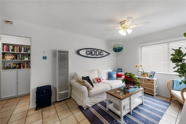 445 Longfellow Ave, Hermosa Beach, CA 90254 - living room featuring a heating unit, light tile patterned floors, and a ceiling fan