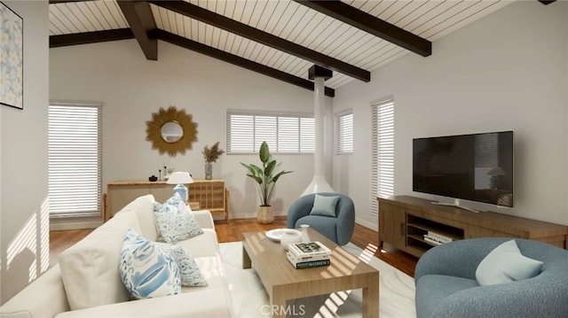 445 Longfellow Ave, Hermosa Beach, CA 90254 - living room featuring beam ceiling, wood finished floors, and high vaulted ceiling