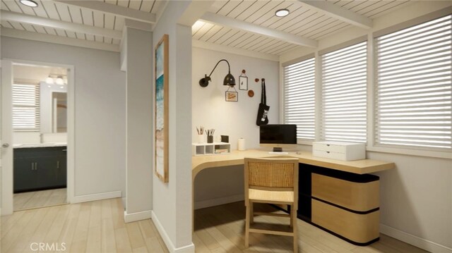 445 Longfellow Ave, Hermosa Beach, CA 90254 - office with plenty of natural light, light wood-type flooring, and a wooden ceiling with exposed beams