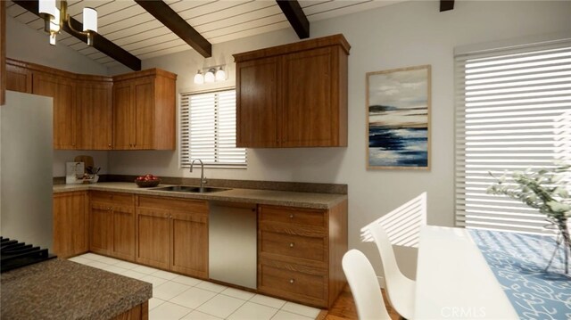 445 Longfellow Ave, Hermosa Beach, CA 90254 - kitchen featuring brown cabinets, light tile patterned flooring, and wooden ceiling