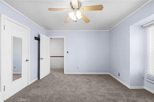 1539 Hammon Ave, Oroville, CA 95966 - unfurnished bedroom with carpet flooring, ornamental molding, baseboards, and ceiling fan