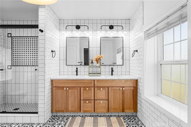 1539 Hammon Ave, Oroville, CA 95966 - full bathroom with a stall shower, double vanity, tile patterned floors, and tile walls