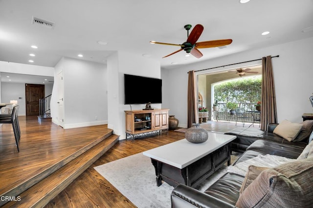 171 N Sunset Pl, Monrovia, CA 91016 - living room with recessed lighting, a ceiling fan, wood finished floors, and baseboards