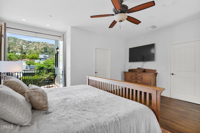 171 N Sunset Pl, Monrovia, CA 91016 - bedroom featuring access to outside, wood finished floors, recessed lighting, and ceiling fan