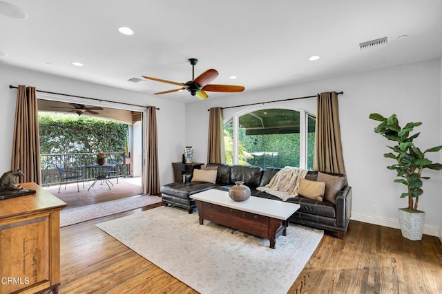 171 N Sunset Pl, Monrovia, CA 91016 - living area featuring ceiling fan, plenty of natural light, wood finished floors, and recessed lighting
