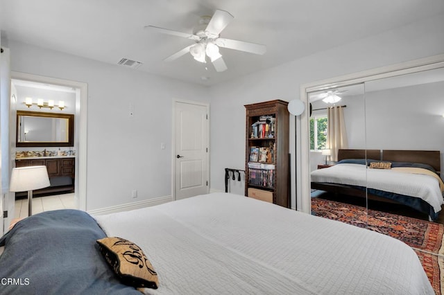 171 N Sunset Pl, Monrovia, CA 91016 - bedroom featuring a closet, a ceiling fan, and connected bathroom