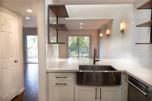 411 San Nicholas Ct, Laguna Beach, CA 92651 - kitchen featuring open shelves, a sink, dishwasher, recessed lighting, and light stone countertops