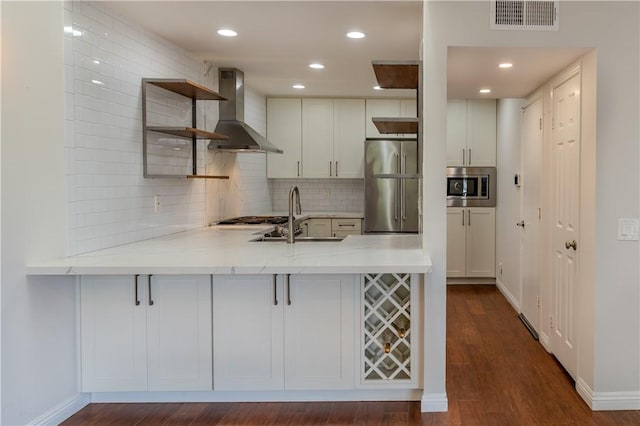 411 San Nicholas Ct, Laguna Beach, CA 92651 - kitchen with appliances with stainless steel finishes, wall chimney range hood, open shelves, a peninsula, and a sink