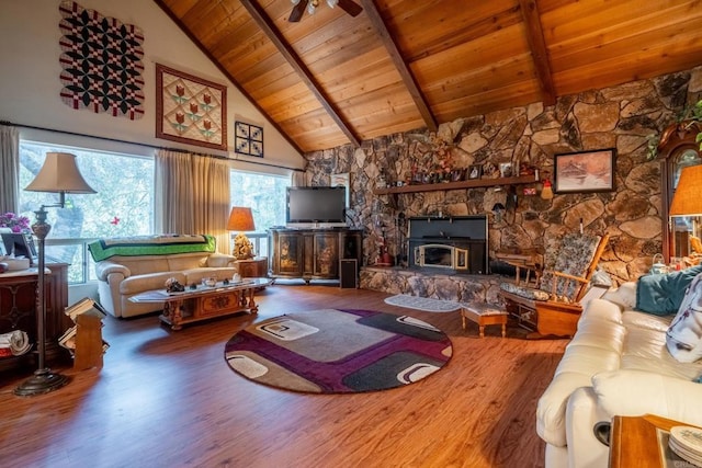 8516 Valley View Trl, Pine Valley, CA 91962 - living room featuring wood ceiling with exposed beams, wood finished floors, high vaulted ceiling, and a fireplace