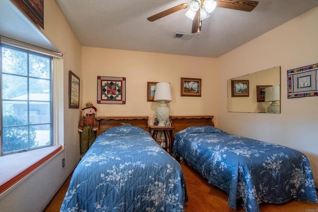 8516 Valley View Trl, Pine Valley, CA 91962 - carpeted bedroom featuring multiple windows, a textured ceiling, and a ceiling fan