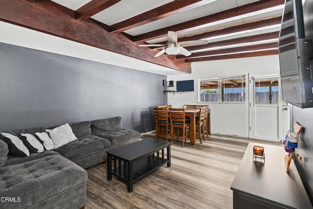 374 Will Ave, Oxnard, CA 93036 - living area featuring wood finished floors, a ceiling fan, and beamed ceiling