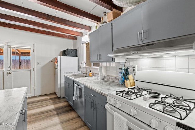 374 Will Ave, Oxnard, CA 93036 - kitchen with white appliances, under cabinet range hood, beam ceiling, gray cabinetry, and tasteful backsplash