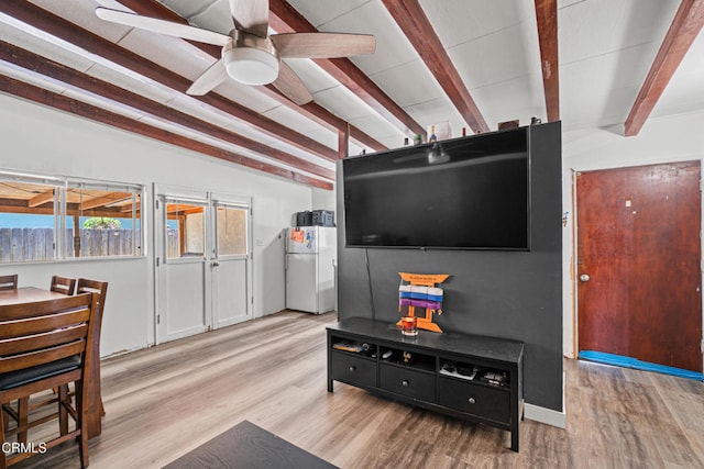 374 Will Ave, Oxnard, CA 93036 - living room featuring beamed ceiling, ceiling fan, and wood finished floors