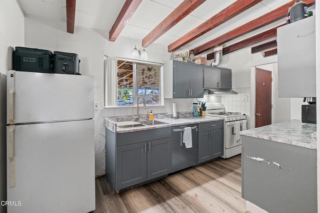 374 Will Ave, Oxnard, CA 93036 - kitchen with white appliances, gray cabinetry, wood finished floors, beamed ceiling, and light countertops