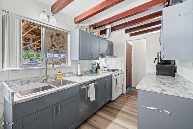 374 Will Ave, Oxnard, CA 93036 - kitchen featuring white gas range, stainless steel dishwasher, light wood-type flooring, gray cabinetry, and beam ceiling