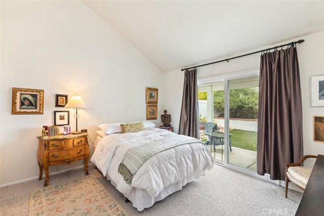 40280 Mimulus Way, Temecula, CA 92591 - bedroom featuring access to exterior, light carpet, high vaulted ceiling, and baseboards