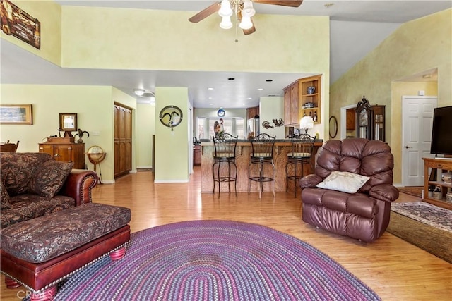 1350 Cardo Way, Nipomo, CA 93444 - living area featuring high vaulted ceiling, light wood-style floors, ceiling fan, and baseboards