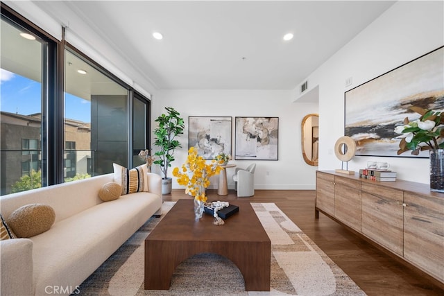 709 E Walnut St Unit 415, Pasadena, CA 91101 - living room with dark wood-style flooring and recessed lighting