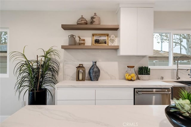 2817 San Ramon Dr, Rancho Palos Verdes, CA 90275 - kitchen with dishwasher, tasteful backsplash, light stone countertops, and open shelves