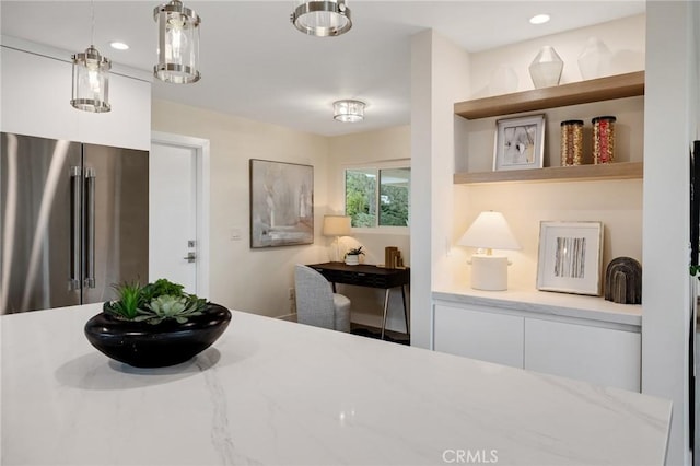 2817 San Ramon Dr, Rancho Palos Verdes, CA 90275 - kitchen with high end refrigerator, open shelves, white cabinetry, hanging light fixtures, and recessed lighting