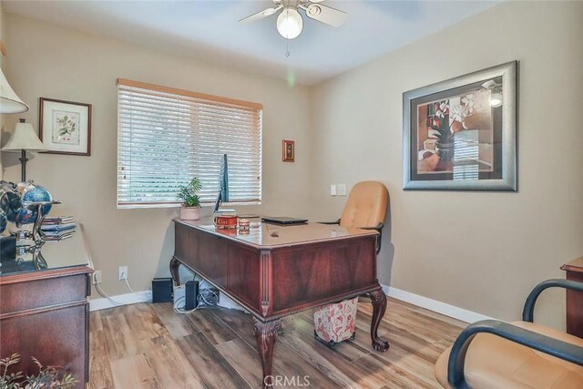 240 Portal St, Oak View, CA 93022 - home office with ceiling fan, wood finished floors, and baseboards