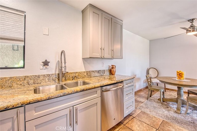 28282 Sorrento Unit 147, Laguna Niguel, CA 92677 - kitchen featuring dishwasher, a ceiling fan, light stone countertops, and gray cabinets