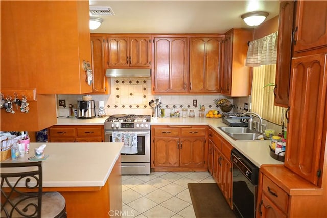 5685 Ptolemy Way, Jurupa Valley, CA 91752 - kitchen featuring stainless steel gas stove, black dishwasher, exhaust hood, a sink, and light countertops