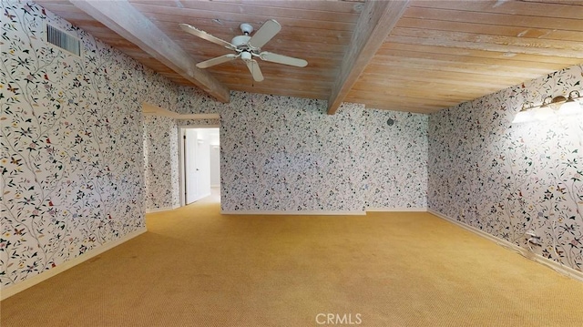 12 Pinto Ln, Rolling Hills Estates, CA 90274 - carpeted empty room featuring wallpapered walls, a wood ceiling with exposed beams, and a ceiling fan