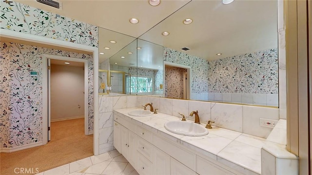 12 Pinto Ln, Rolling Hills Estates, CA 90274 - full bath with wallpapered walls, a stall shower, double vanity, and recessed lighting