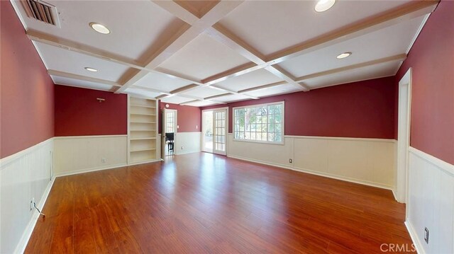 12 Pinto Ln, Rolling Hills Estates, CA 90274 - unfurnished room with wainscoting, wood finished floors, built in features, beamed ceiling, and coffered ceiling