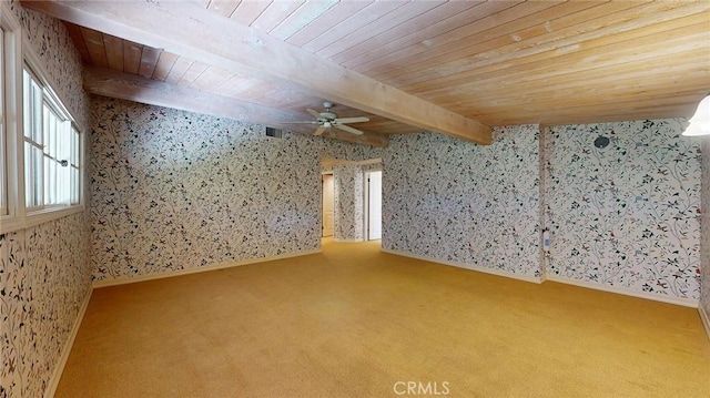 12 Pinto Ln, Rolling Hills Estates, CA 90274 - carpeted spare room featuring a ceiling fan, wallpapered walls, and a wood ceiling with exposed beams